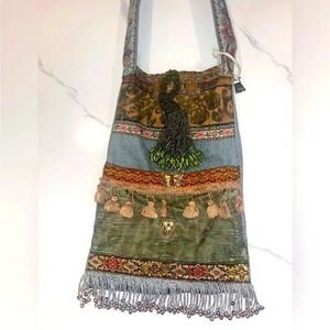Handcrafted Floral Embroidered Denim Bag Embellished with Guitar Straps & Charm
